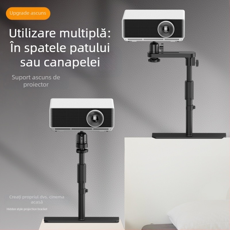 Suport metal pentru proiector cu montaj ascuns lângă pat/canapea — Lazy-Man, universal, tavă pentru nuci