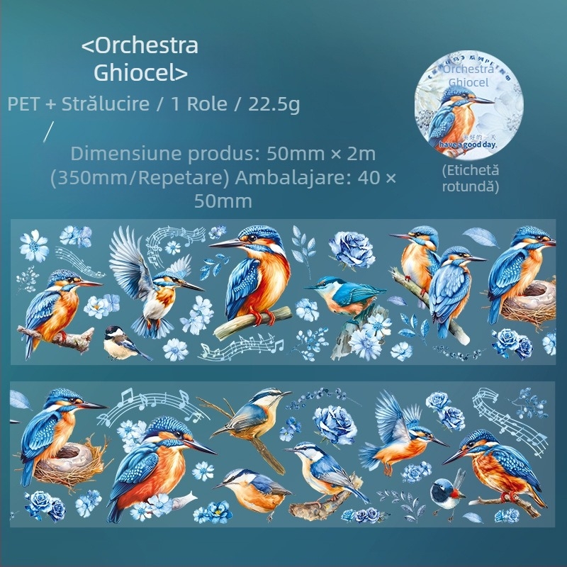 Bandă decorativă PET pentru jurnal, motif flori și păsări stelare, design peisaj, imprimare