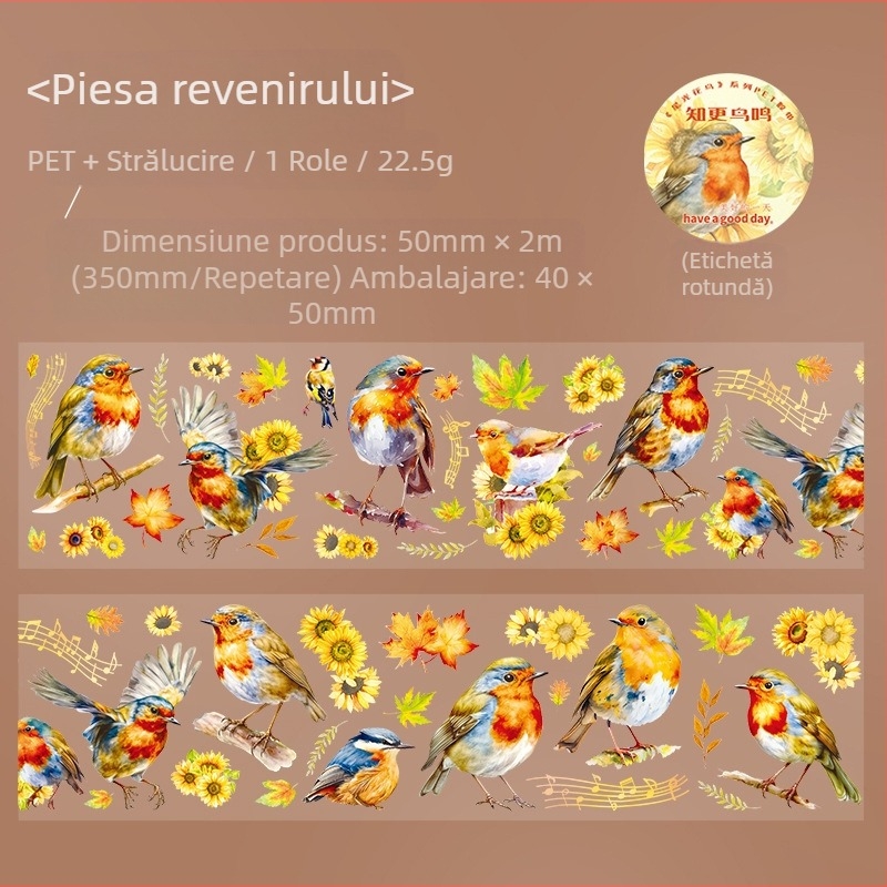 Bandă decorativă PET pentru jurnal, motif flori și păsări stelare, design peisaj, imprimare
