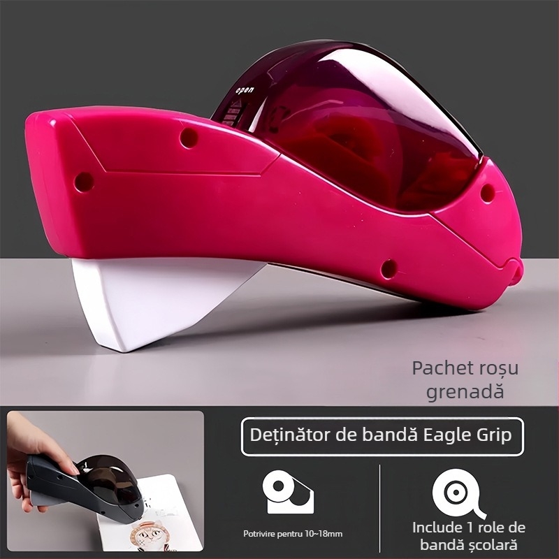 Tăietor de bandă manual, dispenser transparent pentru bandă, model T5165AB, plastic, lățime bandă 12–19 mm, diametru ax 1,8 mm, greutate 0.2 kg