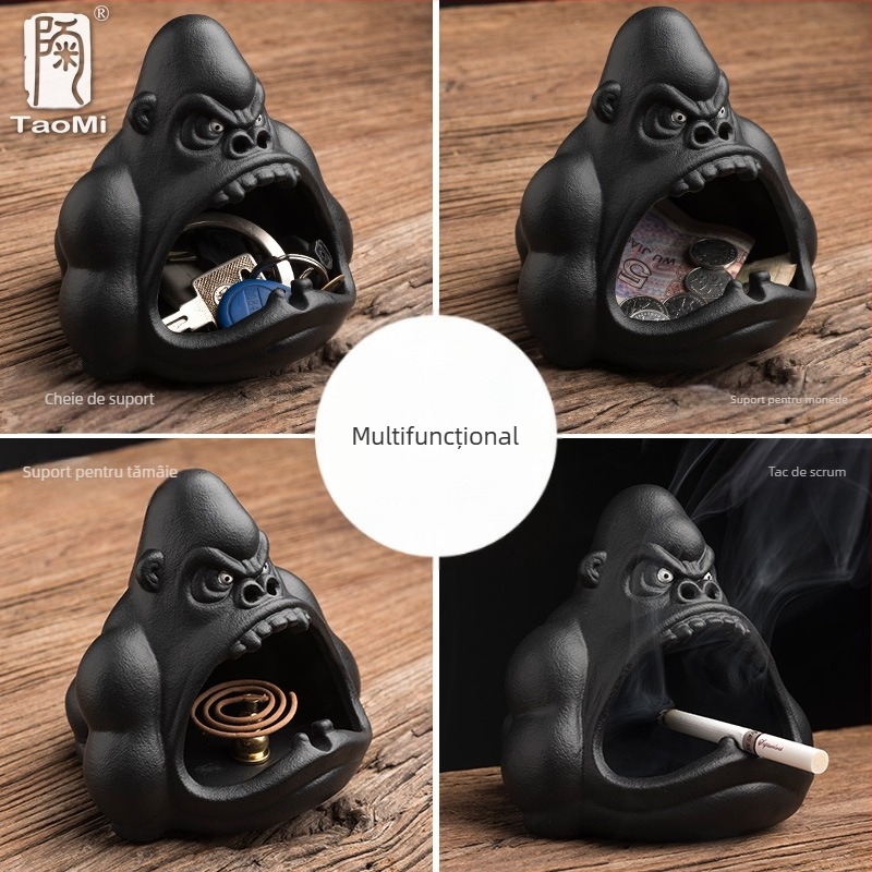 Scrumieră ceramică cu design animat drăguț, orangutan, împiedică împrăștierea cenușii, potrivită pentru casă și mașină, personalizabilă cu logo