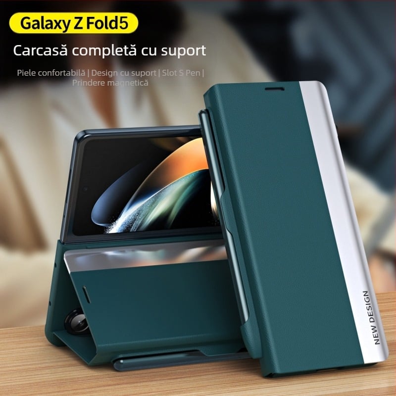 Husă din piele TriFold cu capac rabatabil pentru Samsung Galaxy Z Fold7/6/5, slot pentru stilou și pix inclus, design business, protecție anti-cădere