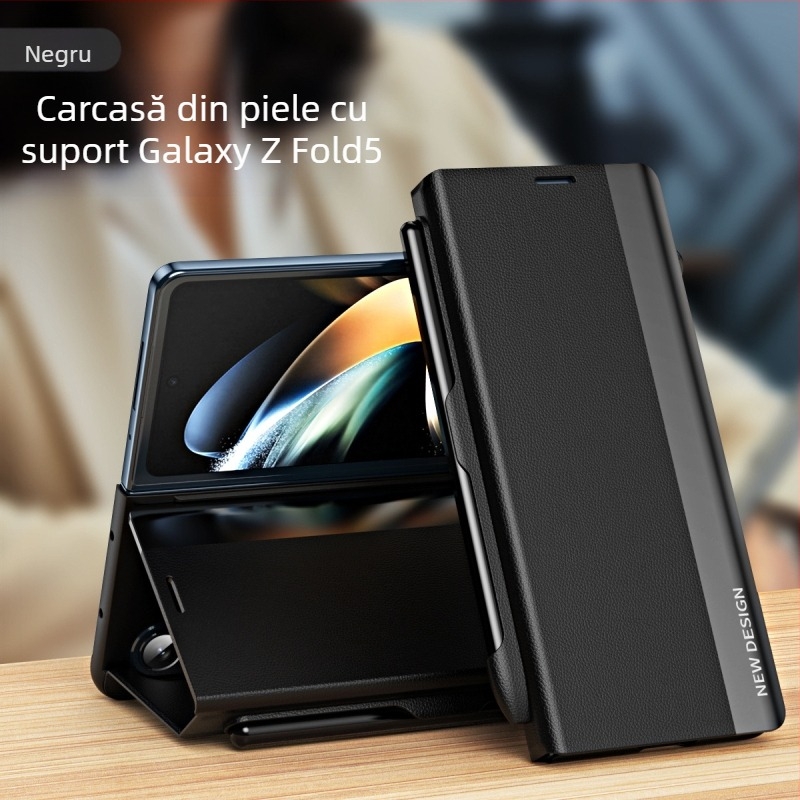 Husă din piele TriFold cu capac rabatabil pentru Samsung Galaxy Z Fold7/6/5, slot pentru stilou și pix inclus, design business, protecție anti-cădere