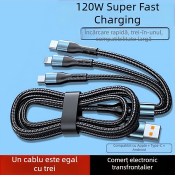 Cablu de date 3-în-1 cu Lightning, Type-C și Mini USB, lungime 1–2 m, încărcare rapidă de 20W, PD compatibil