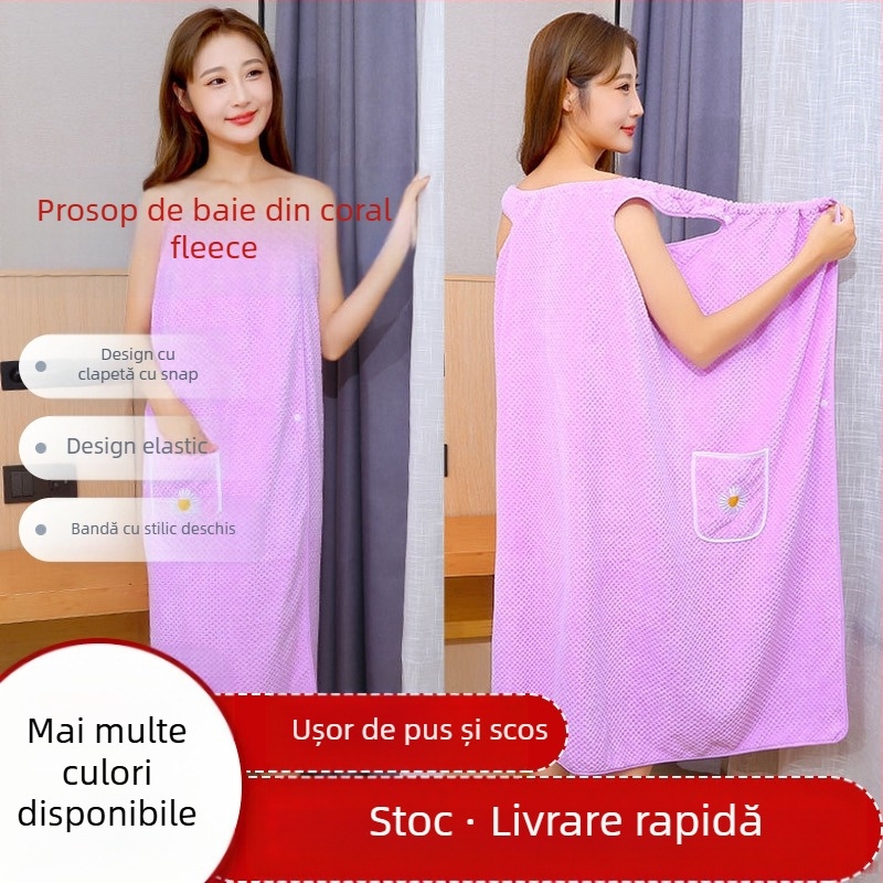 Halat de baie din fleece coral pentru femei, absorbant, stil wrap, 100% poliester, 300 g, Seria Prințesa, Toamnă