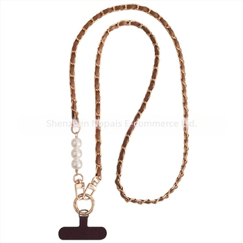 Lanyard pentru telefon cu bretea lungă crossbody, din metal și piele, lucrat manual, pandantiv cu lanț de perle, brand Zhenge