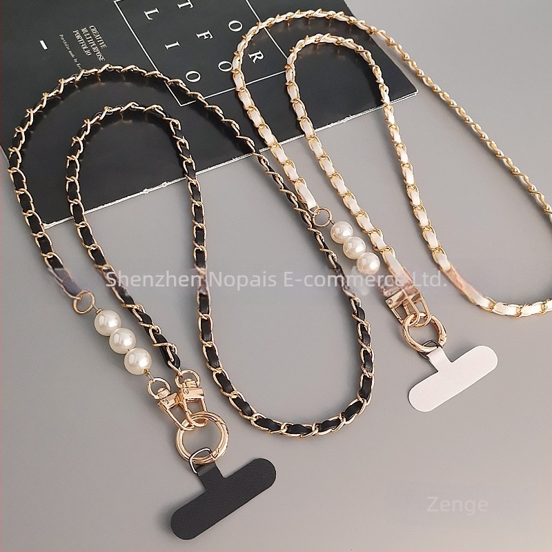 Lanyard pentru telefon cu bretea lungă crossbody, din metal și piele, lucrat manual, pandantiv cu lanț de perle, brand Zhenge