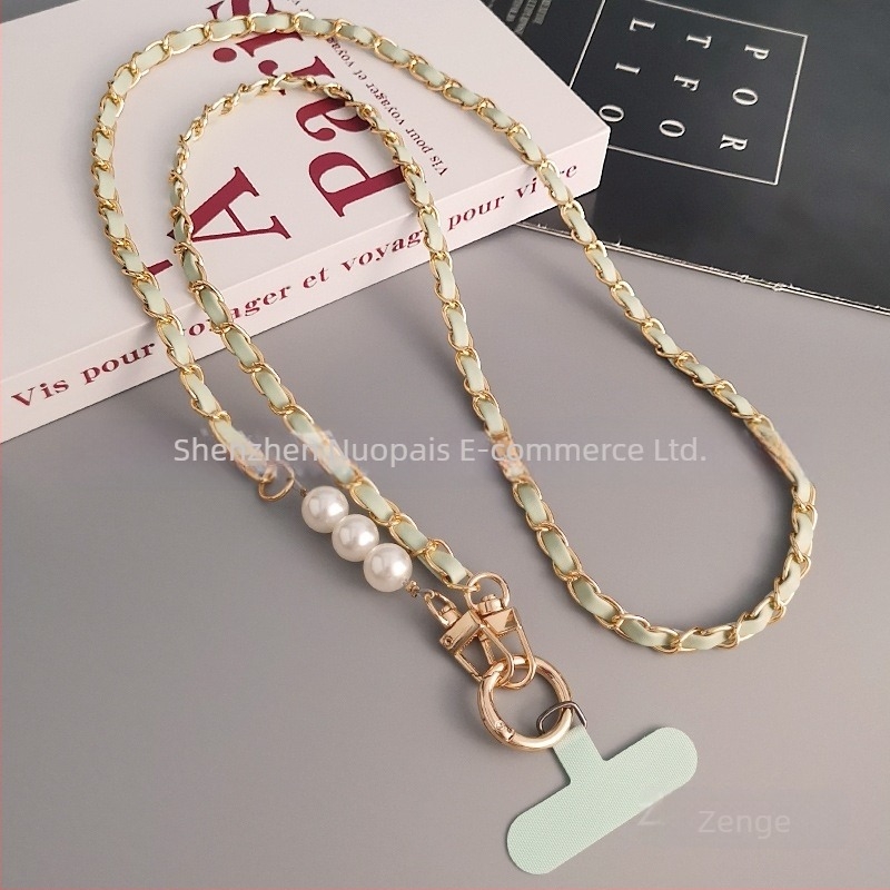 Lanyard pentru telefon cu bretea lungă crossbody, din metal și piele, lucrat manual, pandantiv cu lanț de perle, brand Zhenge