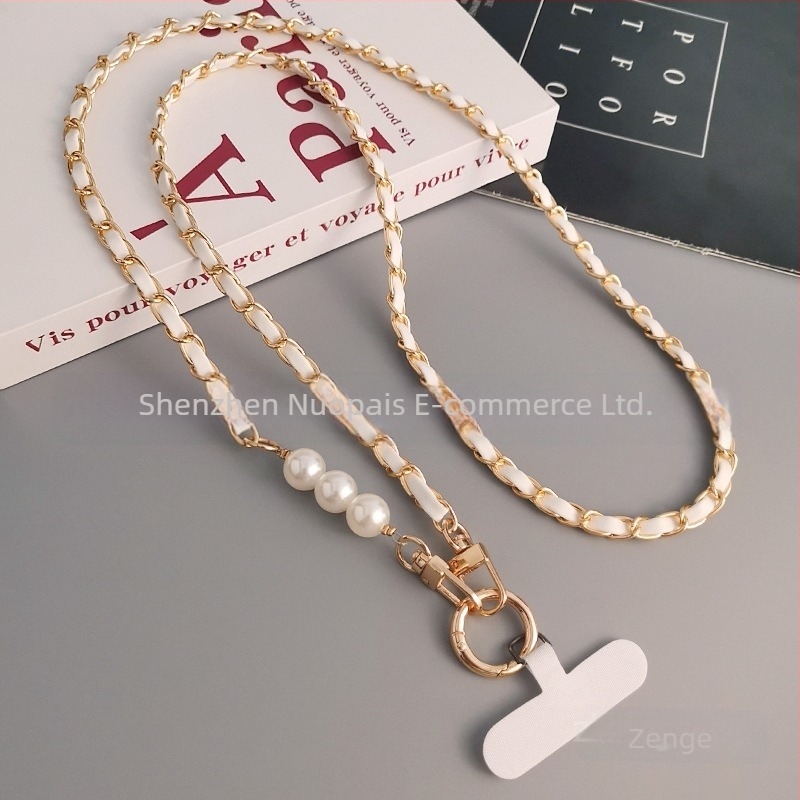 Lanyard pentru telefon cu bretea lungă crossbody, din metal și piele, lucrat manual, pandantiv cu lanț de perle, brand Zhenge