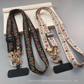 Lanyard pentru telefon mobil cu design brodat de flori, curea reglabilă crossbody, cataramă metalică, făcut manual