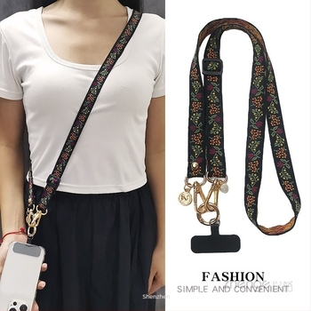 Lanyard pentru telefon mobil cu design brodat de flori, curea reglabilă crossbody, cataramă metalică, făcut manual