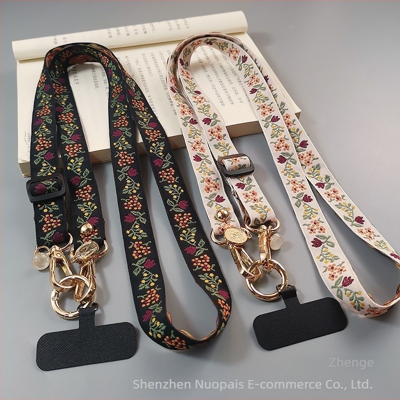 Lanyard pentru telefon mobil cu design brodat de flori, curea reglabilă crossbody, cataramă metalică, făcut manual