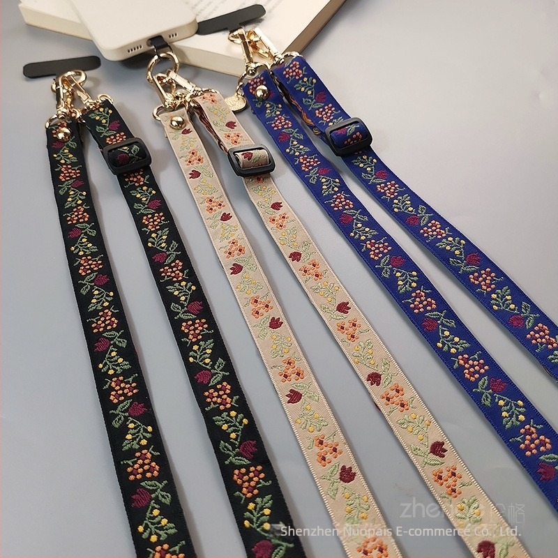 Lanyard pentru telefon mobil cu design brodat de flori, curea reglabilă crossbody, cataramă metalică, făcut manual