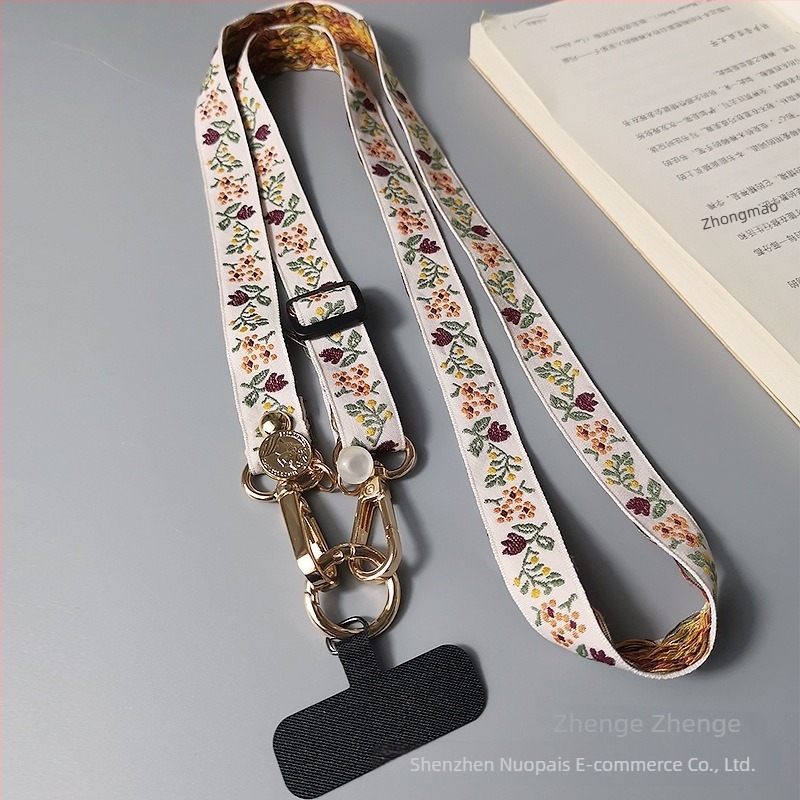 Lanyard pentru telefon mobil cu design brodat de flori, curea reglabilă crossbody, cataramă metalică, făcut manual