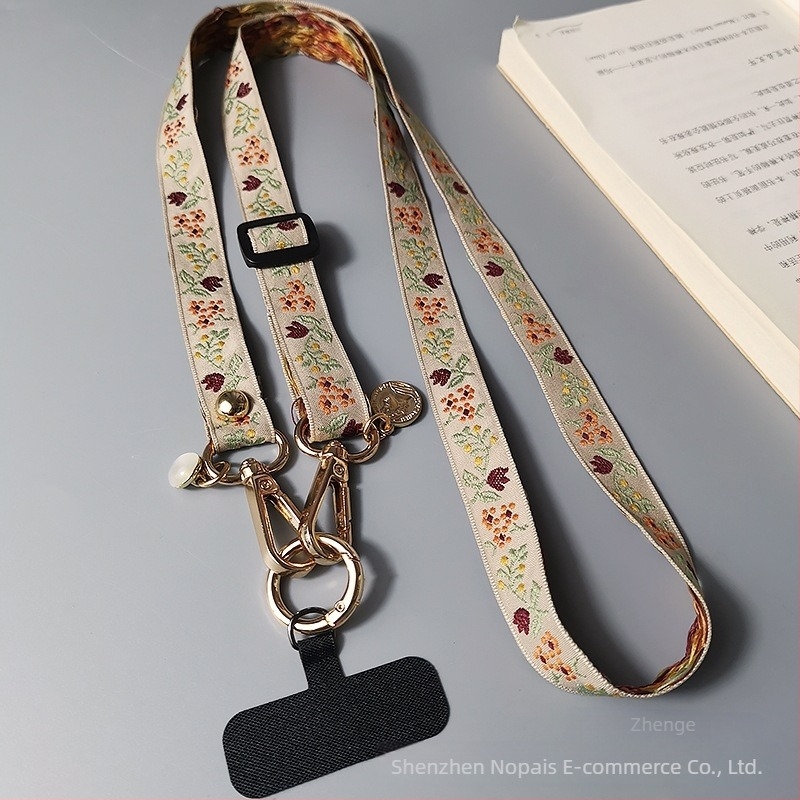Lanyard pentru telefon mobil cu design brodat de flori, curea reglabilă crossbody, cataramă metalică, făcut manual