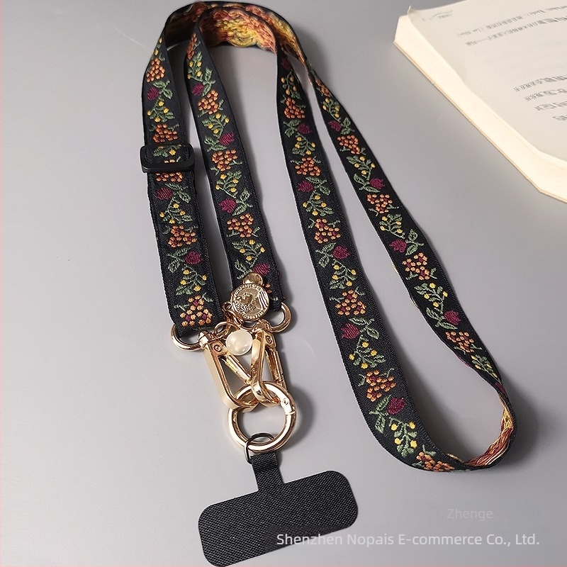 Lanyard pentru telefon mobil cu design brodat de flori, curea reglabilă crossbody, cataramă metalică, făcut manual