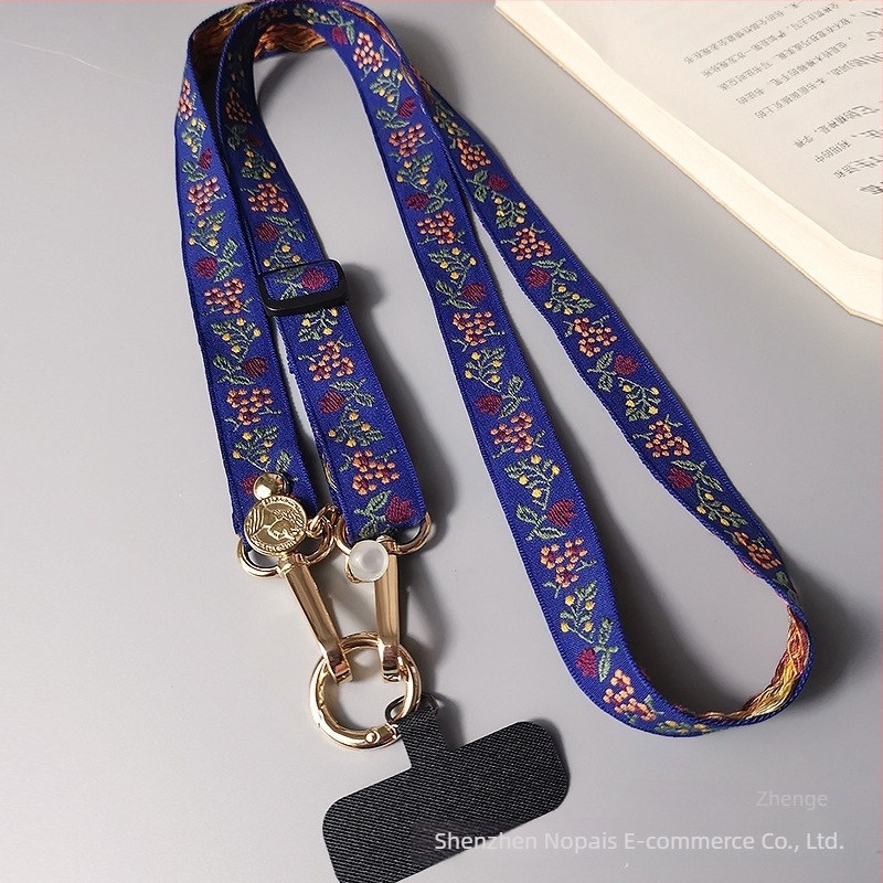 Lanyard pentru telefon mobil cu design brodat de flori, curea reglabilă crossbody, cataramă metalică, făcut manual