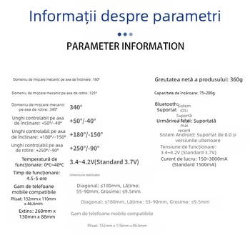 Stabilizator pentru telefon cu AI de urmărire a feței, gimbal de mână cu trei axe, Bluetooth