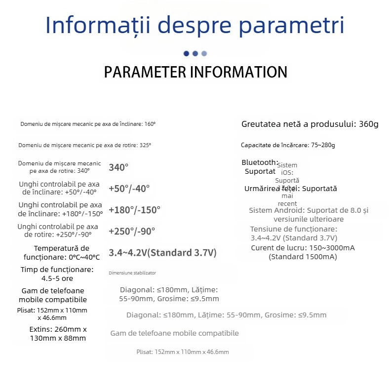 Stabilizator pentru telefon cu AI de urmărire a feței, gimbal de mână cu trei axe, Bluetooth
