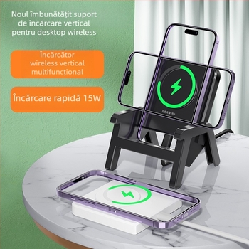 Încărcător wireless de birou cu suport vertical, putere maximă 15W, ieșire 5W/7.5W/10W/15W, încărcare rapidă QC3.0, certificat CE/FCC/RoHS