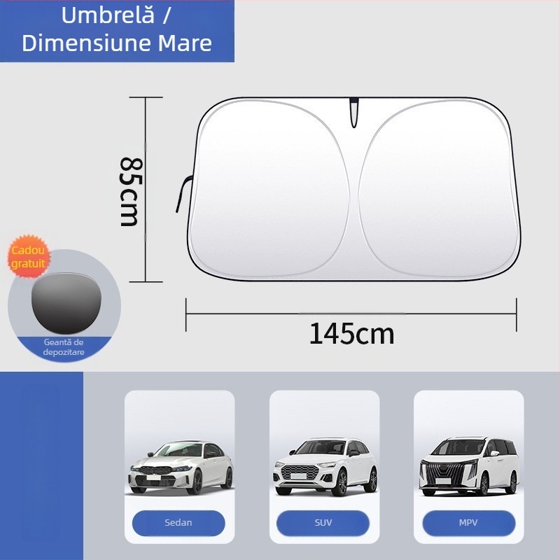 Parasolar pentru parbrizul mașinii – izolație termică, blocare a luminii, patru anotimpuri, tip card-in, material: țesătură titan