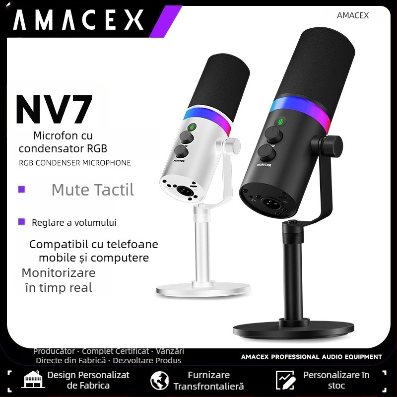 NV7 RGB Microfon USB/XLR dinamic pentru gaming, streaming, înregistrare și karaoke — cardioid, wireless-capable, SNR ≥ 100 dB