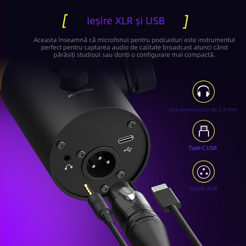 NV7 RGB Microfon USB/XLR dinamic pentru gaming, streaming, înregistrare și karaoke — cardioid, wireless-capable, SNR ≥ 100 dB