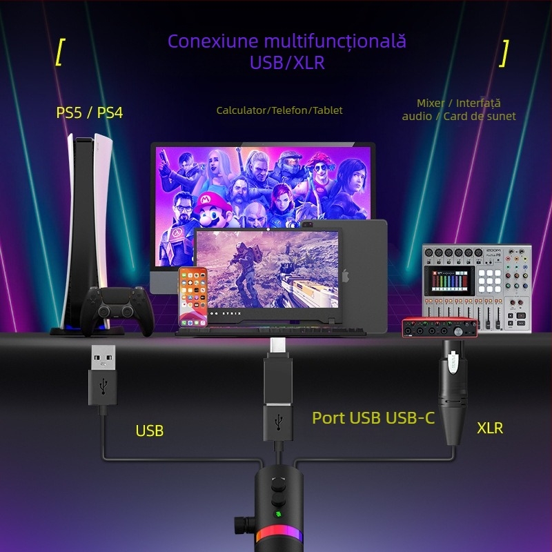 NV7 RGB Microfon USB/XLR dinamic pentru gaming, streaming, înregistrare și karaoke — cardioid, wireless-capable, SNR ≥ 100 dB