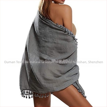 Prosop de plajă pentru femei din cânepă, țesătură crepe, model monocrom, protecție solară