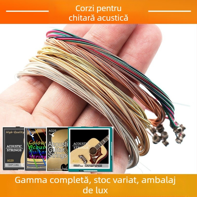 Madina corzi pentru chitară folk – modele AG01/AG20/AG25/AC28; materiale: cupru roșu, cupru, cupru cu fosfor, acoperire argintie; ambalare: în pungă