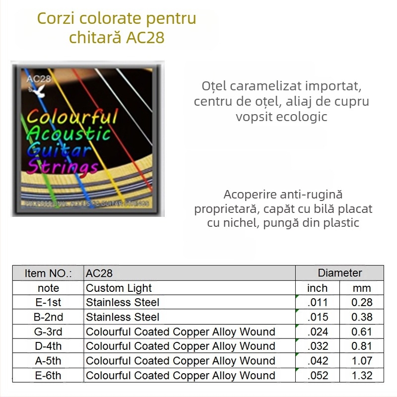 Madina corzi pentru chitară folk – modele AG01/AG20/AG25/AC28; materiale: cupru roșu, cupru, cupru cu fosfor, acoperire argintie; ambalare: în pungă