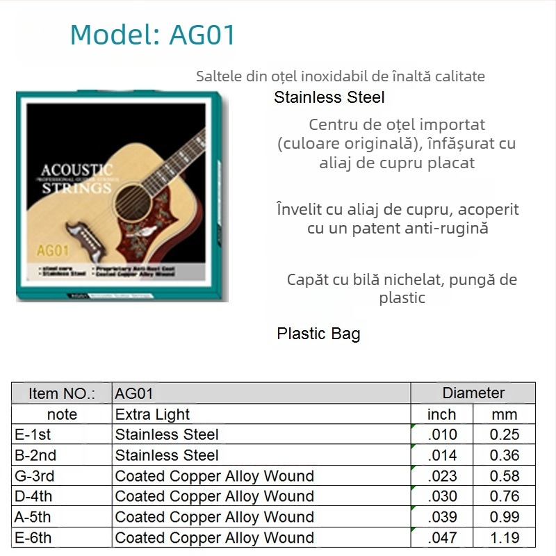 Madina corzi pentru chitară folk – modele AG01/AG20/AG25/AC28; materiale: cupru roșu, cupru, cupru cu fosfor, acoperire argintie; ambalare: în pungă