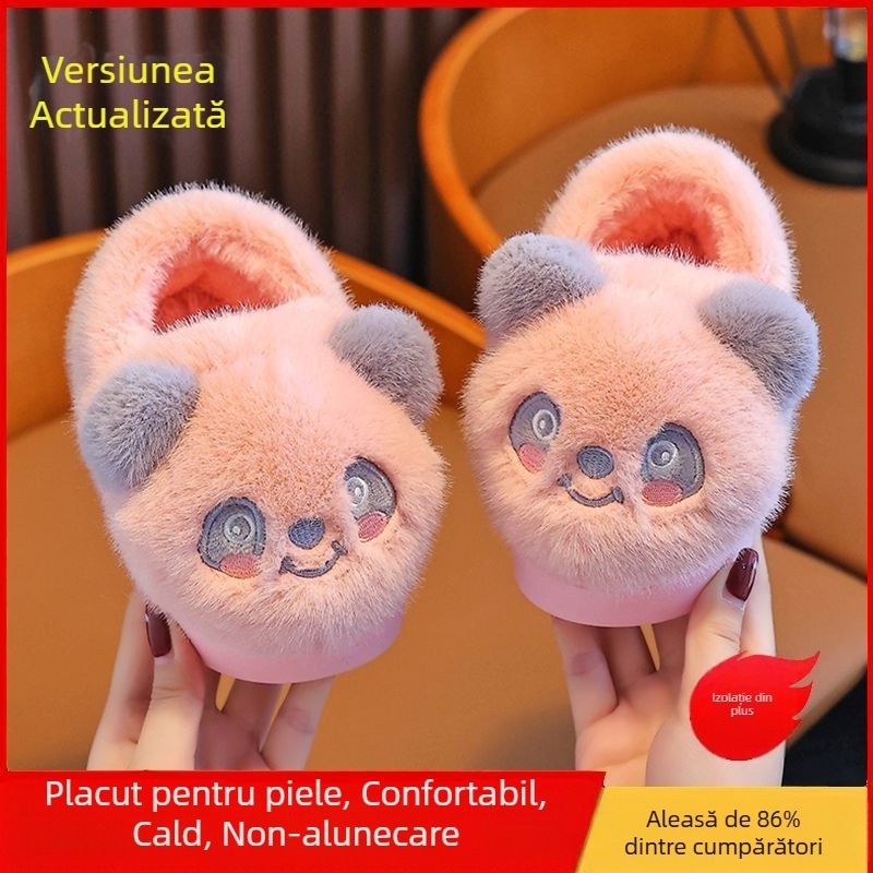 Papuci de casă Panda pentru copii, din bumbac, cu căptușeală plușată, calzi și antiderapante, stil desen animat, talpă TPR, grosime dublă, pentru vârste 1–16 ani