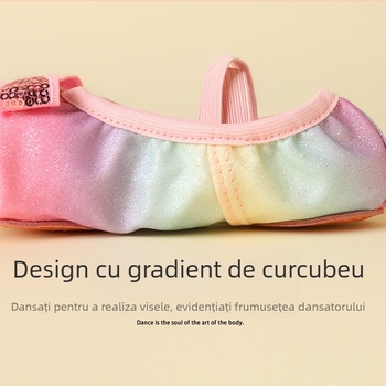 Pantofi de dans pentru copii - balet, paiete curcubeu, talpă moale, partea superioară din pânză, respirabili (Partea superioară din pânză, Talpă din cauciuc, Respirabili, Pentru balet)