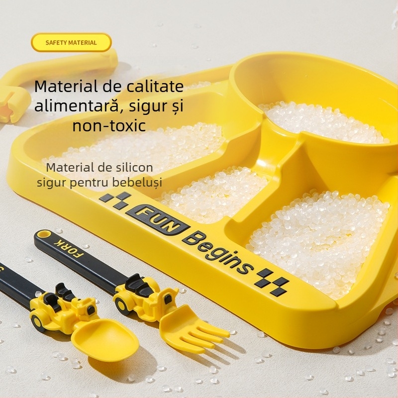 Set de veselă pentru copii cu farfurie divizată și design triciclu, material PP, pentru copii de peste 12 luni