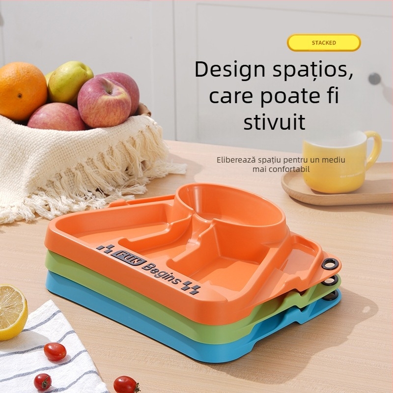 Set de veselă pentru copii cu farfurie divizată și design triciclu, material PP, pentru copii de peste 12 luni