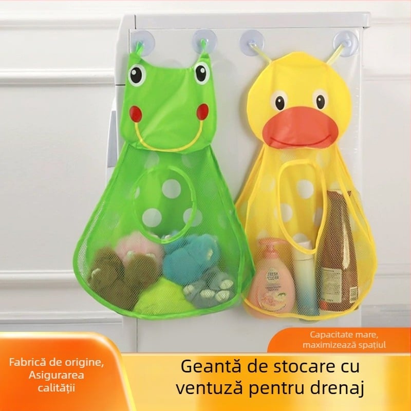 Sac de baie cu design desen animat — poliester, ventuză, montare pe perete, multifuncțional