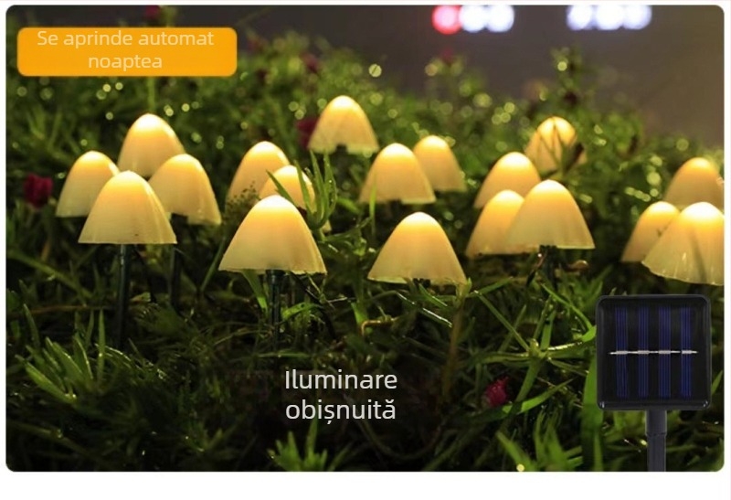 Șir LED solar pentru exterior, formă de ciupercă, IP65, 10W, ≤36V, control prin buton