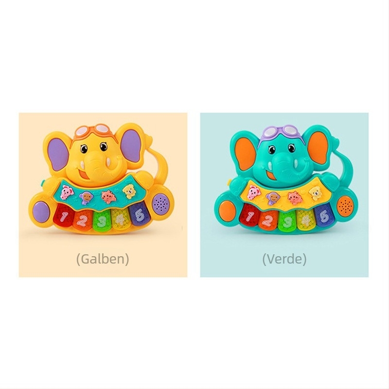 Pian electronic pentru bebeluși cu teme de animale (dinozaur, elefant, leu) pentru educație timpurie; sunet și lumină; construcție din plastic; sprijină dezvoltarea emoțională, vizuală, cognitivă și motorie.