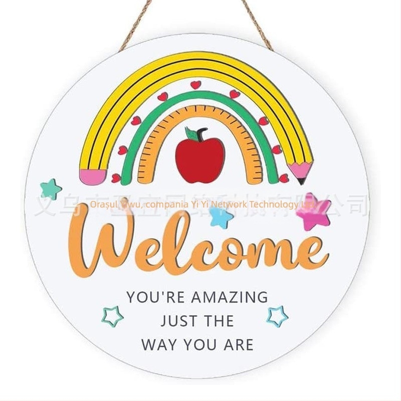 Placă circulară de ușă din lemn pentru copii cu curcubeu, stil desen animat, imprimare, cadou gata