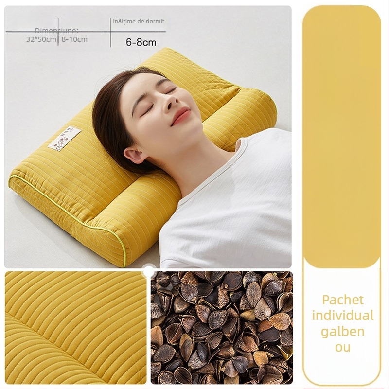 Perna de hrișcă cu nucleu rigid pentru protecția coloanei cervicale, husă din 100% bumbac, umplutură hrișcă, formă dreptunghiulară, pentru o singură persoană