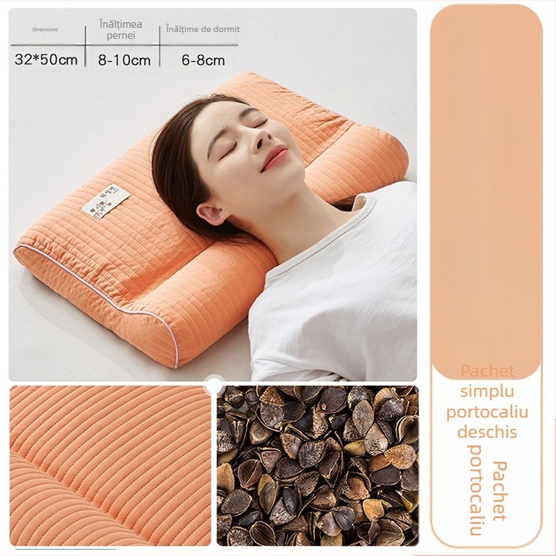 Perna de hrișcă cu nucleu rigid pentru protecția coloanei cervicale, husă din 100% bumbac, umplutură hrișcă, formă dreptunghiulară, pentru o singură persoană