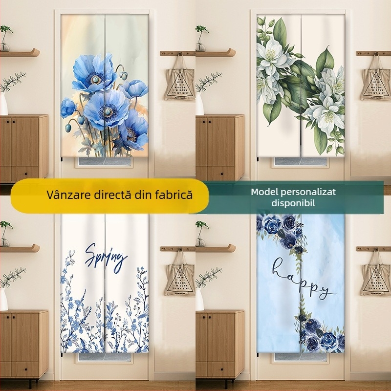 Perdea pentru ușă cu imprimeu floral acuarelă, material poliester, stil desen animat, pentru bucătărie, baie și restaurant