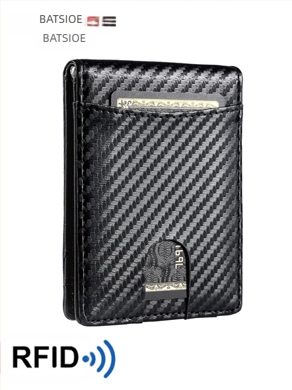 Portofel cu clips pentru bani, protecție RFID, din piele microfibră, model fibră de carbon, lansare vară 2024