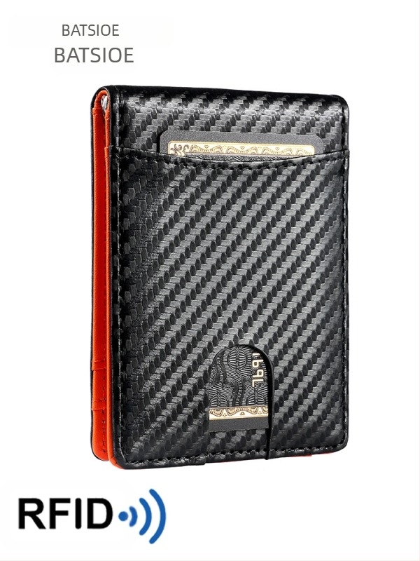 Portofel cu clips pentru bani, protecție RFID, din piele microfibră, model fibră de carbon, lansare vară 2024
