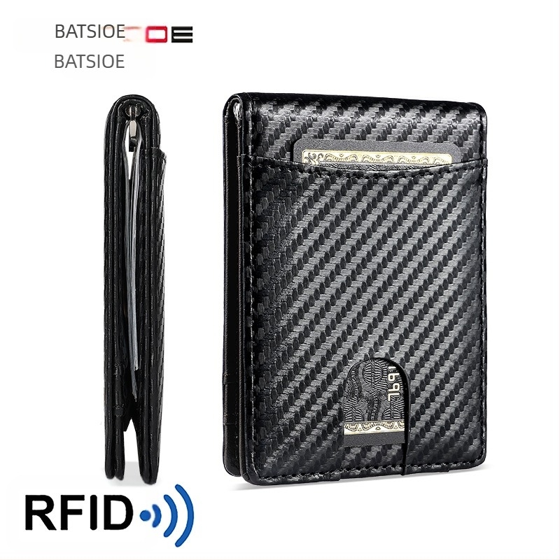 Portofel cu clips pentru bani, protecție RFID, din piele microfibră, model fibră de carbon, lansare vară 2024