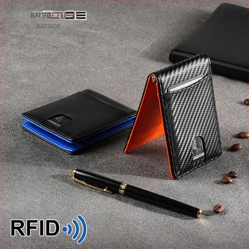 Portofel cu clips pentru bani, protecție RFID, din piele microfibră, model fibră de carbon, lansare vară 2024