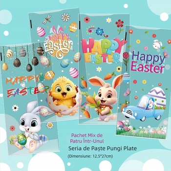 Sac OPP plat pentru Paște, cu model iepure și ouă, pentru ambalarea biscuiților și cadourilor dulci; plastic, fără logo, tăiere cu lamă plată; marcă Yiwu kunfa