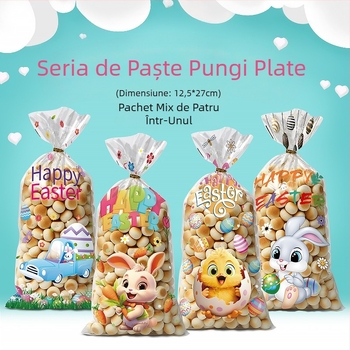 Sac OPP plat pentru Paște, cu model iepure și ouă, pentru ambalarea biscuiților și cadourilor dulci; plastic, fără logo, tăiere cu lamă plată; marcă Yiwu kunfa