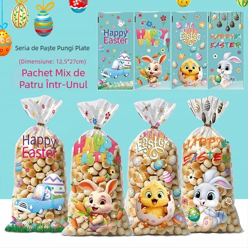 Sac OPP plat pentru Paște, cu model iepure și ouă, pentru ambalarea biscuiților și cadourilor dulci; plastic, fără logo, tăiere cu lamă plată; marcă Yiwu kunfa